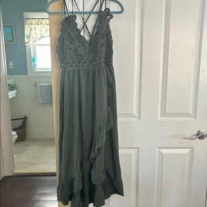 SHEIN Olive Crochet Lace Maxi Dress with Ruffle Skirt